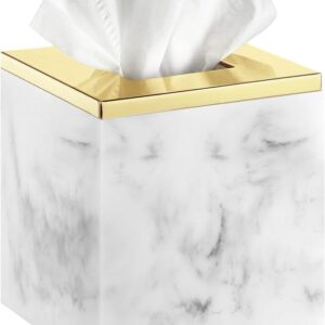 Marble Tissue Box Cover, Square Tissue Box Holder with Golden Lid