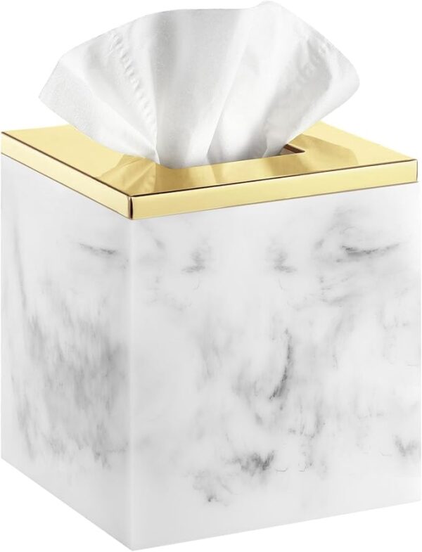 Marble Tissue Box Cover, Square Tissue Box Holder with Golden Lid