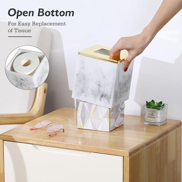Marble Tissue Box Cover, Square Tissue Box Holder with Golden Lid - Image 3