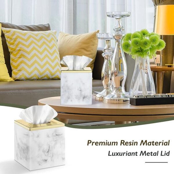 Marble Tissue Box Cover, Square Tissue Box Holder with Golden Lid - Image 6