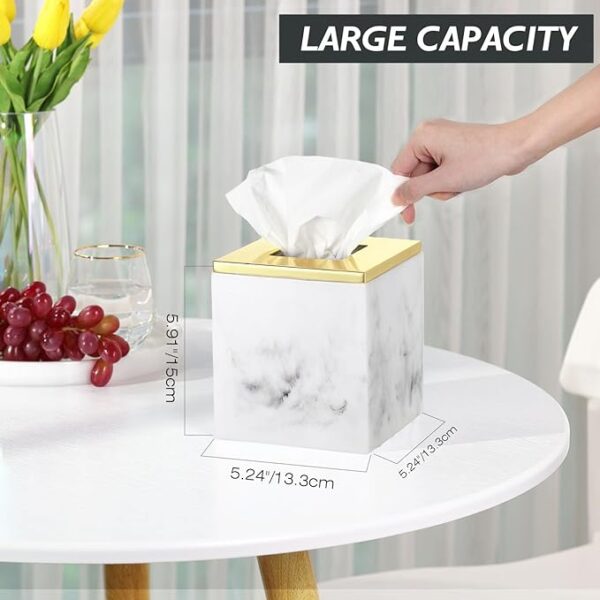 Marble Tissue Box Cover, Square Tissue Box Holder with Golden Lid - Image 4