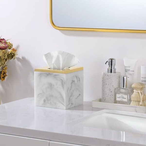 Marble Tissue Box Cover, Square Tissue Box Holder with Golden Lid - Image 7