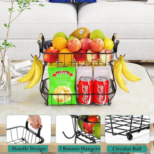 2 Tier Fruit Basket with 2 Banana Hangers - Image 2